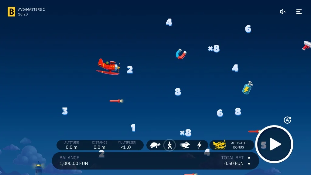 Aviamasters 2 interface showing the flight path, multiplier pickups, boosters and LAND button