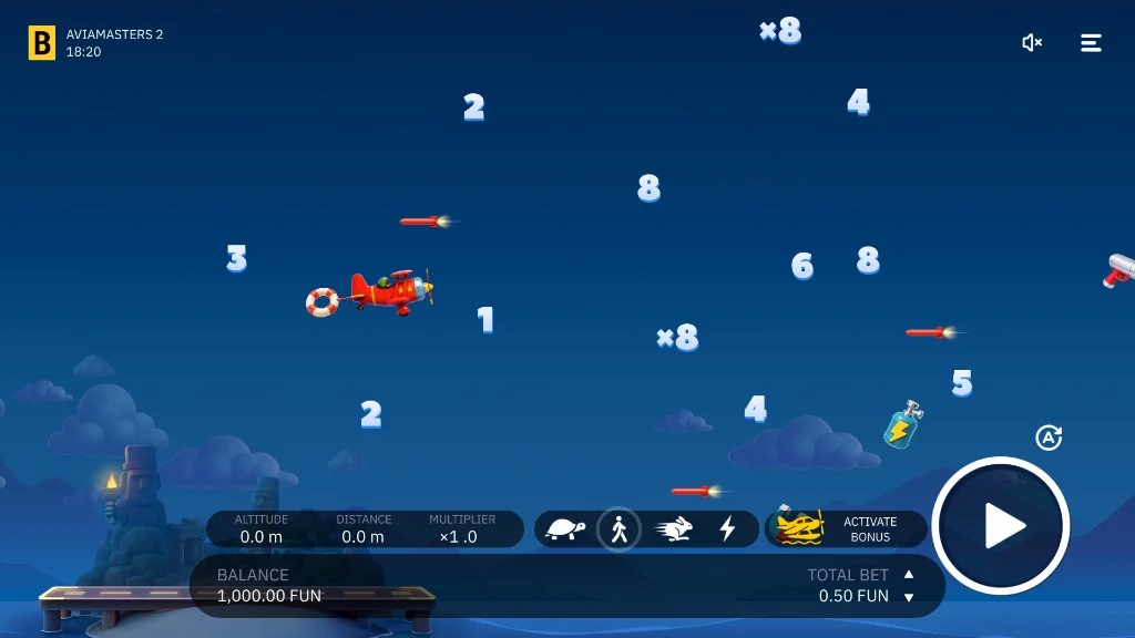 Aviamasters 2 desktop gameplay with multiplier pickups, boosters and the LAND button